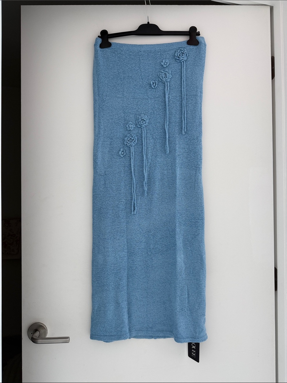 PrettyLittleThing Sky Blue Maxi Knit Skirt with Floral Appliqués